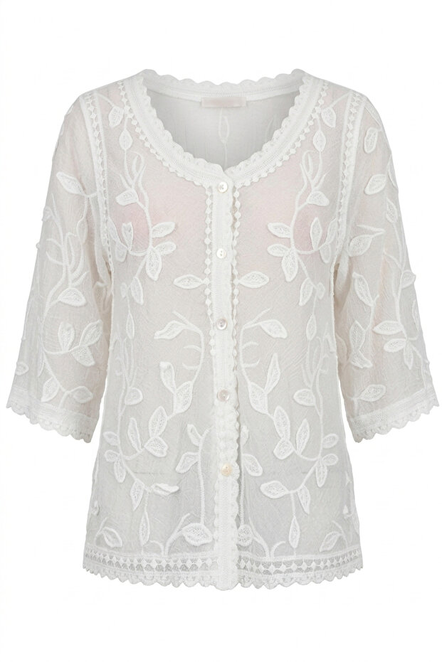 Leaf Pattern Embroidered Three Quarter Sleeve Blouse M39409