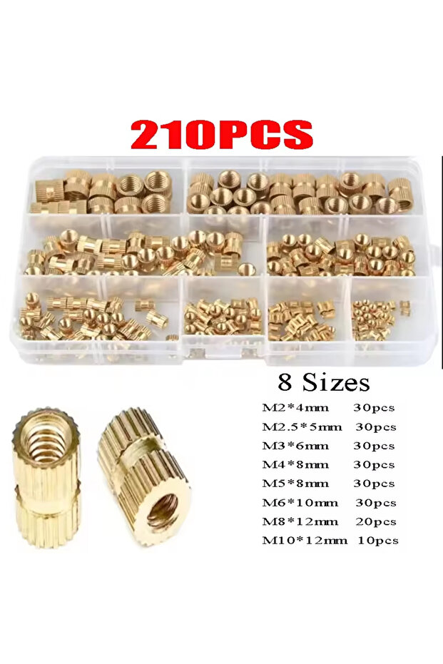 210pcs M2-M10 M2-M10 Knurled Threaded Inserts Kit - Brass & Copper Nuts for 3D Printing, Hot Melt Em