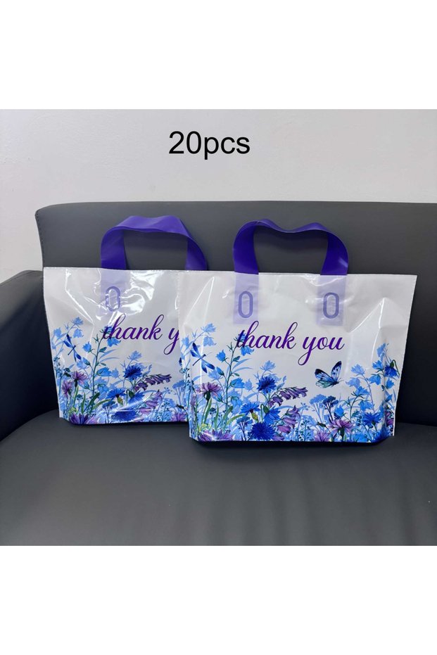 20pcs 10/20pcs Purple Blue Butterfly Floral Thank You Gift Bags, Elegant Plastic Shopping Bags with