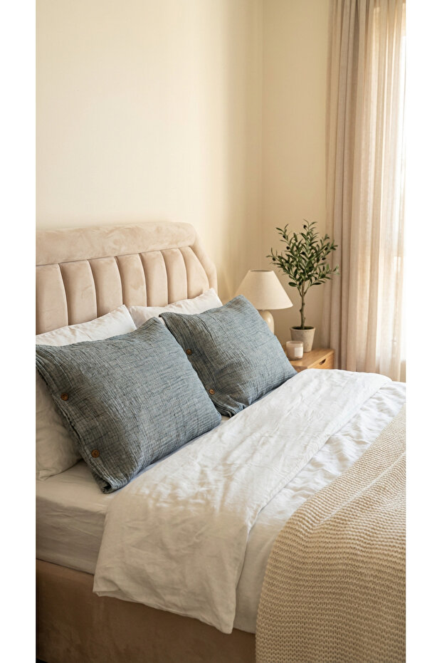 4 Layer Muslin Natural 100% Cotton 2 Pillowcases 50X70Cm Denim Blue
