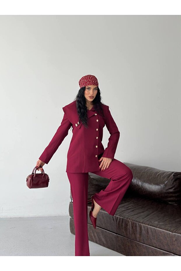 Women's Double-Breasted Blazer Jacket Pants Set Stylish Button Detail Modern Office Formal Suit