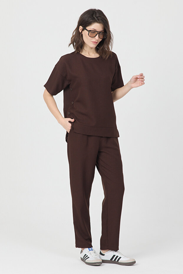 Brown Crew Neck Sofia Linen Top and Bottom Set - 1