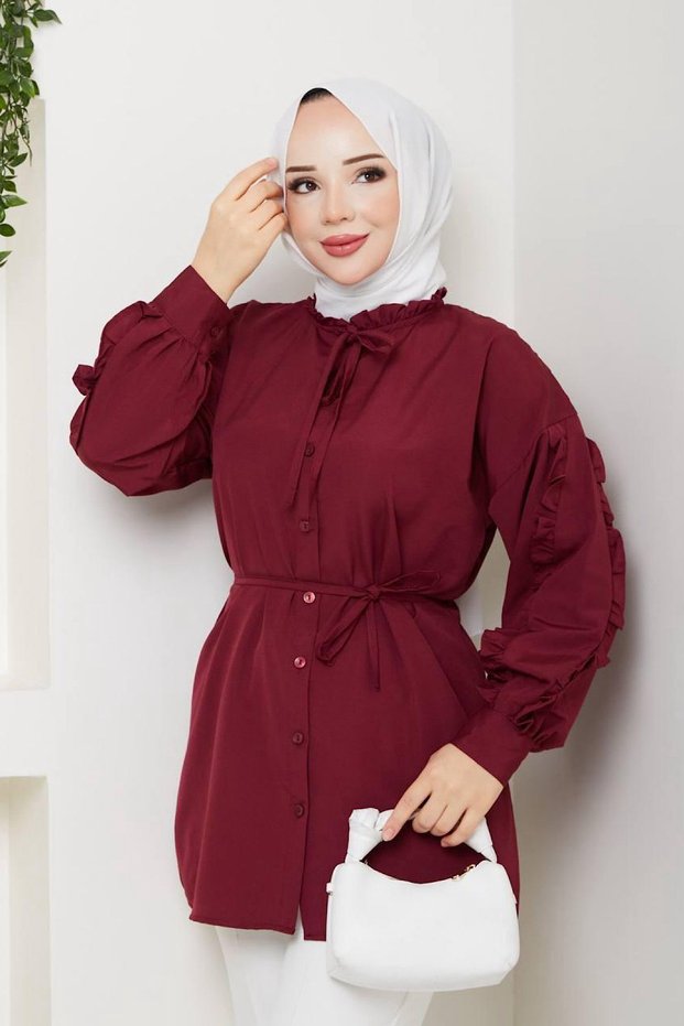 Women's Judge Collar Ruffle Detailed Belted Buttoned Long Sleeve Stylish Casual Hijab Tunic Shirt