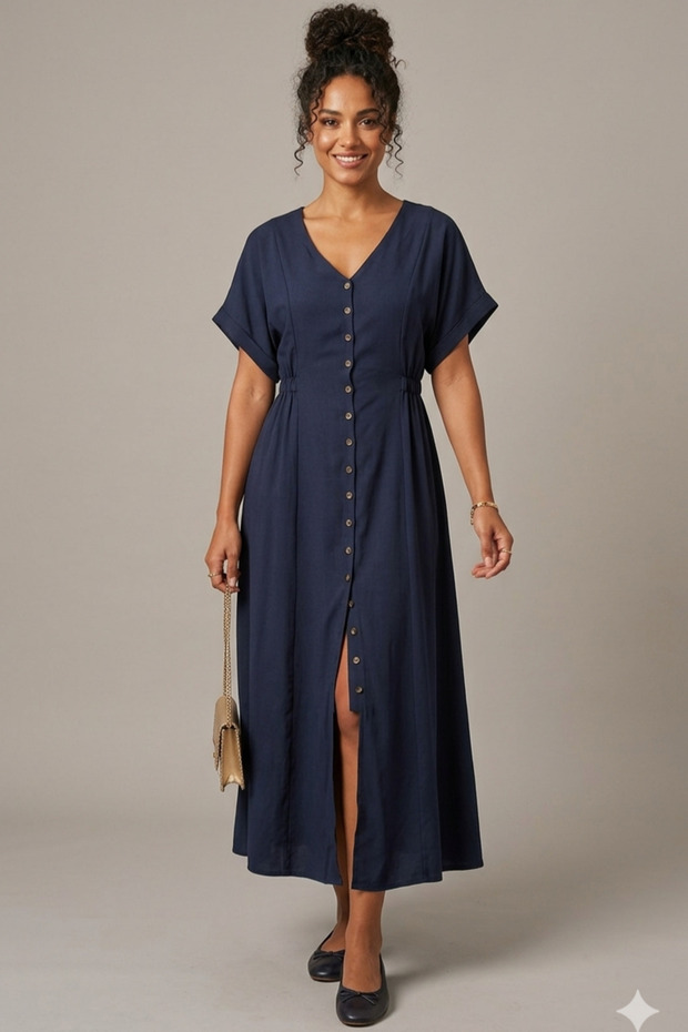 V-Neck Short Sleeve Shirt Dress Msy1052