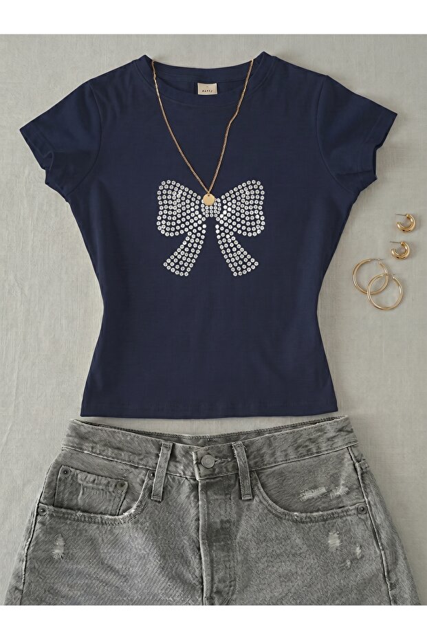 Women's Ribbon Written Stone Printed - Lycra Short Sleeve Body Tee Crop