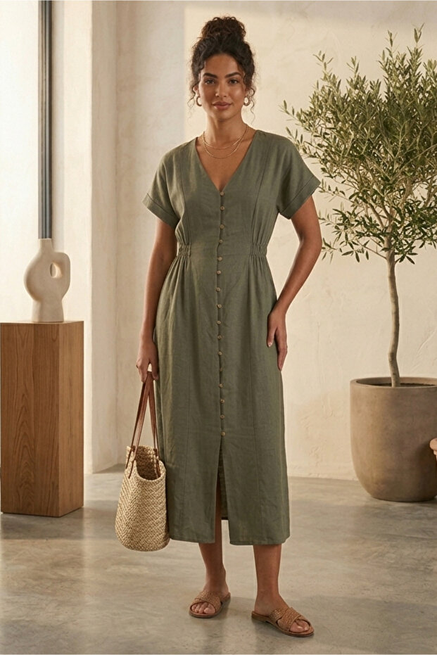 V-Neck Short Sleeve Shirt Dress Msy1052