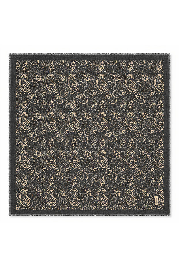 Women's Black Mink Ethnic Patterned Coton India Cotton Cheesecloth Writing Hijab - Coton Scarf