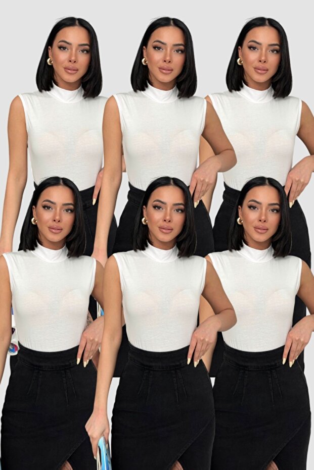 Women's White 6-Piece Zero Sleeve Bodysuit Sleeveless Bodysuit High Neck Bodysuit Half Fishnet Bodysuit