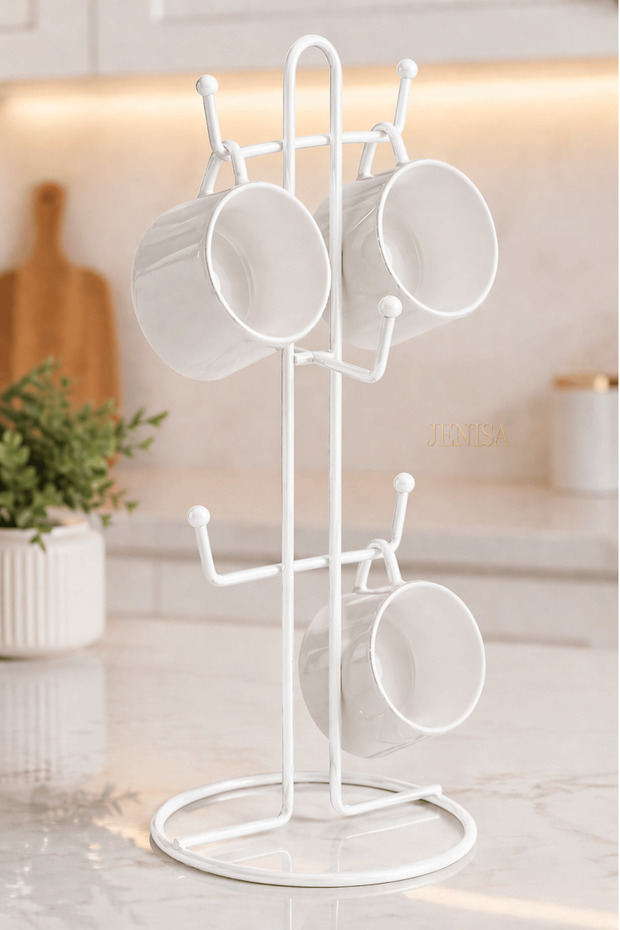 Metal Cup Hanger Set of 6 White – Cup Stand, Countertop Cup Holder Presentation Rack