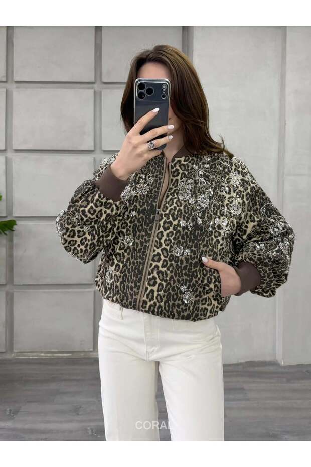 Sequin Embroidered Leopard Pattern Jacket 99961 Brown - 3