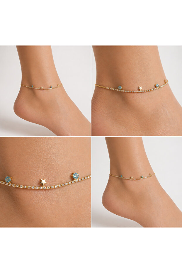 Gold Anklet with Star Figure and Blue Stone Detail