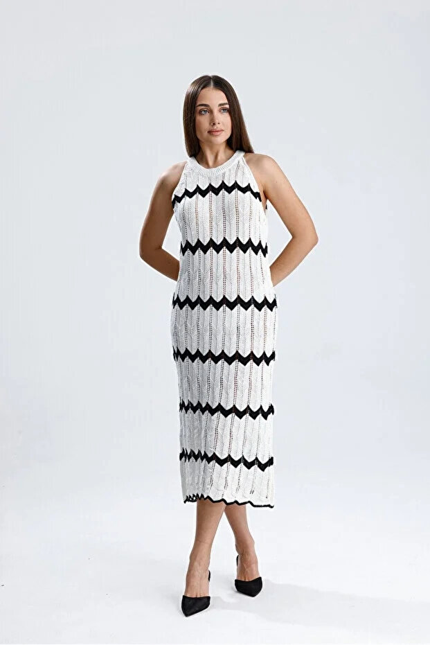 Women's White Black Zigzag Patterned Halter Neck Bohemian Openwork Knitwear Midi Dress