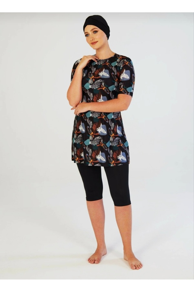 Patterned Short Sleeve Tights Plus Size Hijab Swimsuit