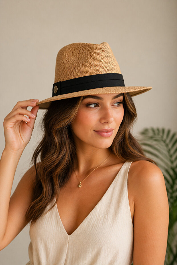 Women's Stylish Straw Hat Trilby Model Wide Brim Summer Beach Vacation Accessory