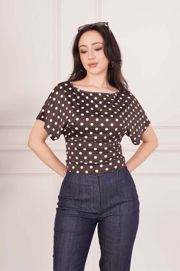 Polka Dot Patterned Draped Short Sleeve Coffee Blouse