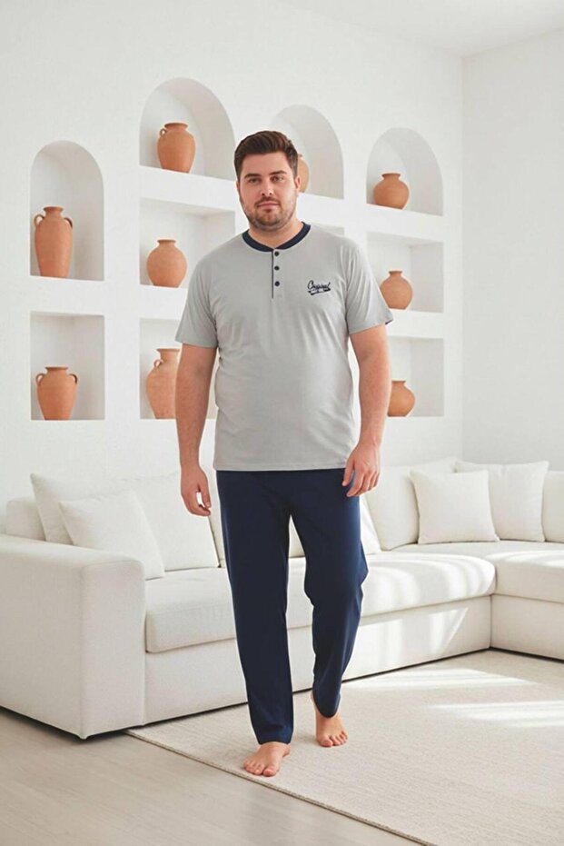 100% Cotton Large Size Men's Pajama Set with Collar and Placket Details