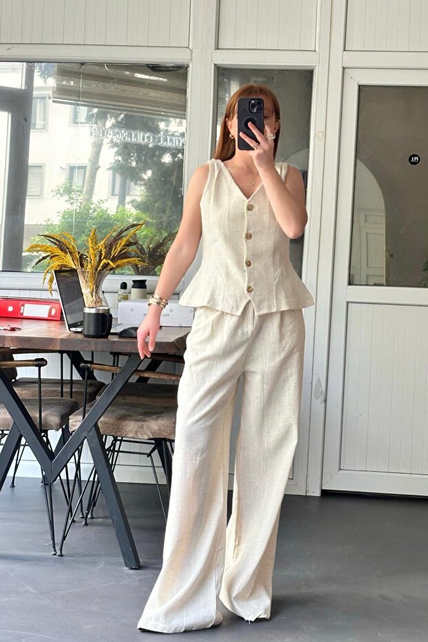 Stone Linen Vest-Pants Set