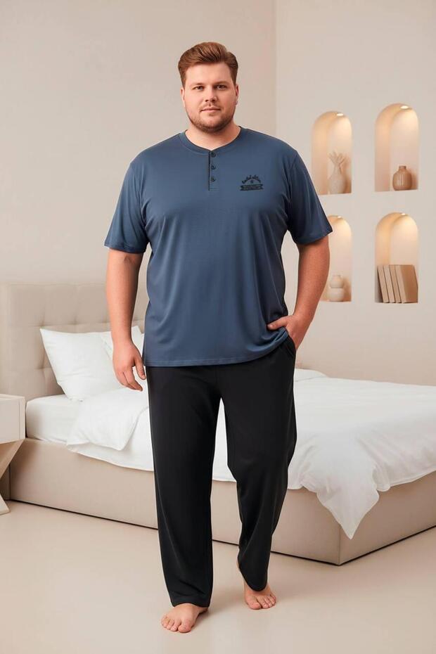 100% Cotton Large Size Men's Pajama Set with Collar and Placket Details