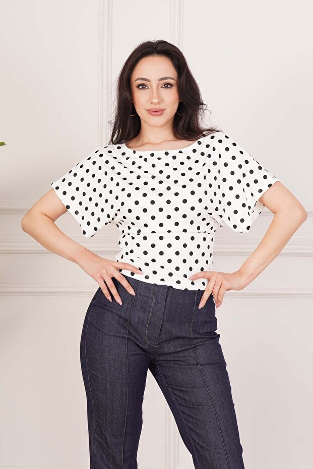 Polka Dot Patterned Draped Short Sleeve Ecru Blouse