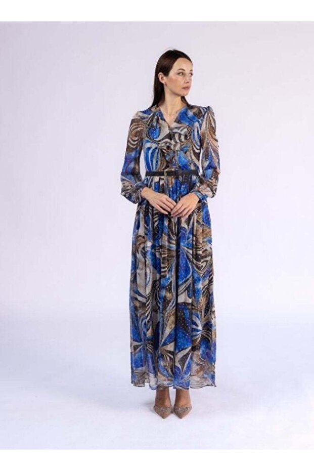 V Neck Full Sleeve Modest Dress with Gold Shimmers