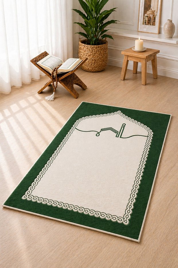 Non-Slip Base Soft Digital Carpet Prayer Mat Green Prayer Rug