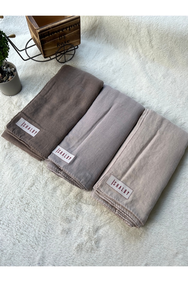 Hijab Plain Cotton Crash Shawl Set of 3 (Brown - Stone - Light Mink)