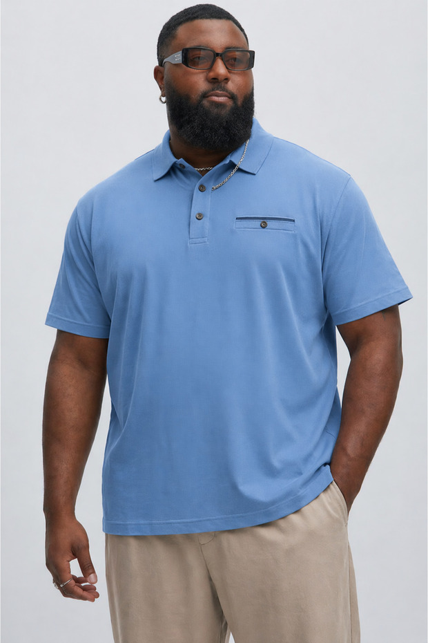 Men's Large Size Summer Cotton Blue Polo Collar T-Shirt