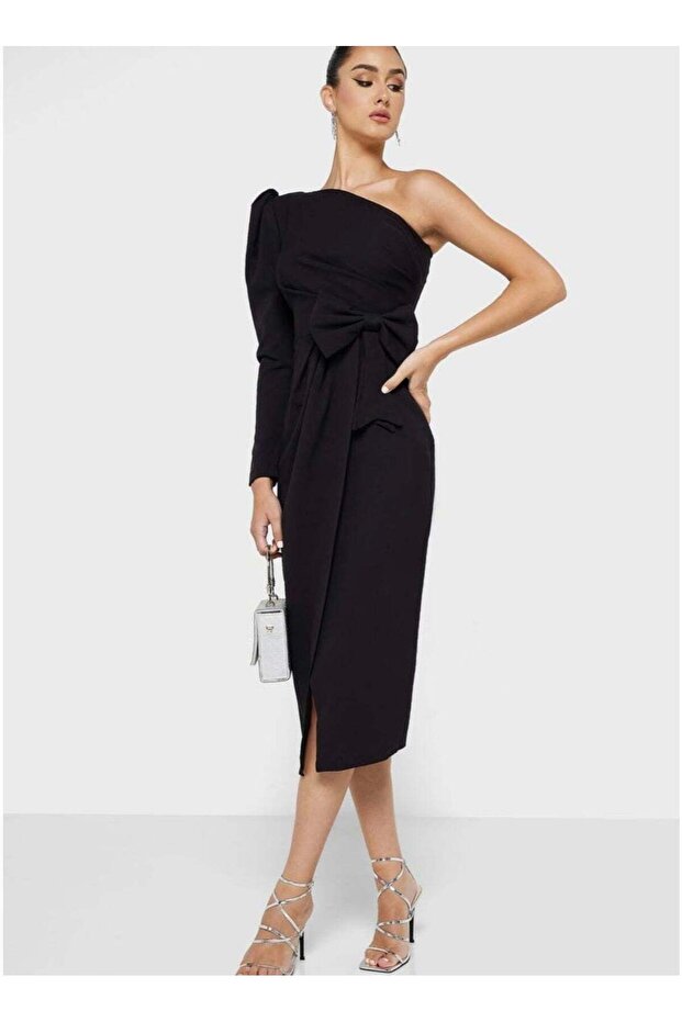 One Shouldered Sleek Ankle Length Black Cocktail Dress
