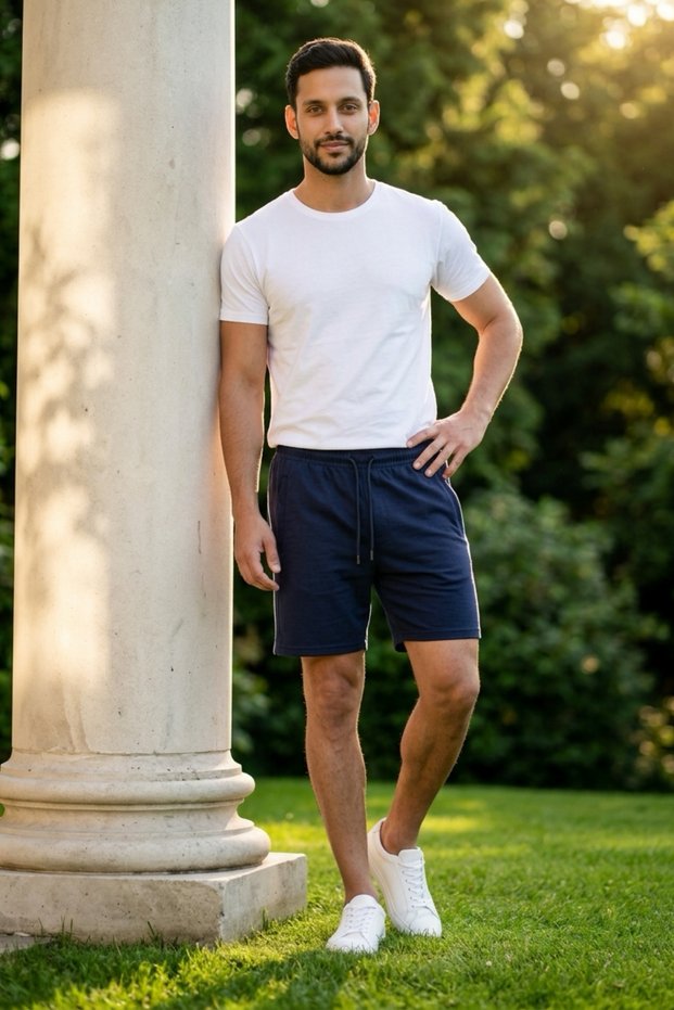 Men's Navy Blue Zippered Sports Shorts with Breathable Stretch Fabric and Back Hem Detail