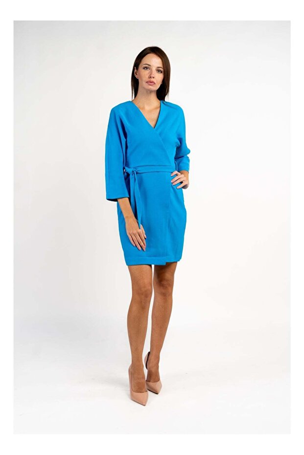 Long Sleeved Turquoise Blue Short Dress