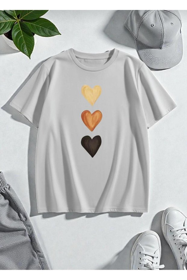 Women's 3 Heart Printed Crew Neck Oversize Basic T-Shirt