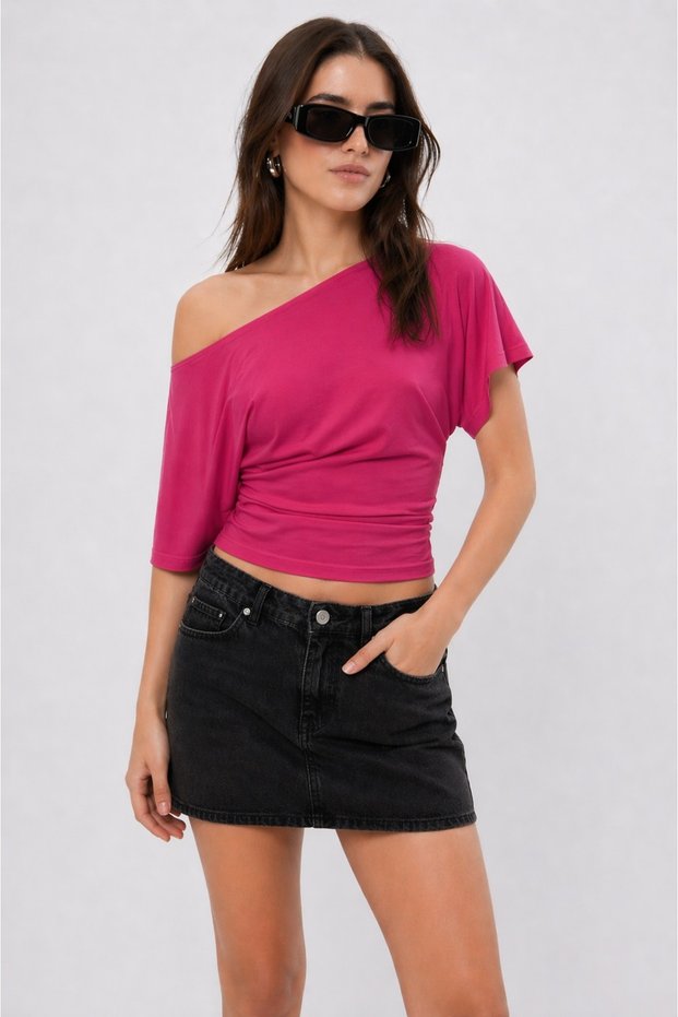 Asymmetrical Waist-Fitted 97% Cotton Bat Sleeve Waist-Fitted Blouse T-Shirt