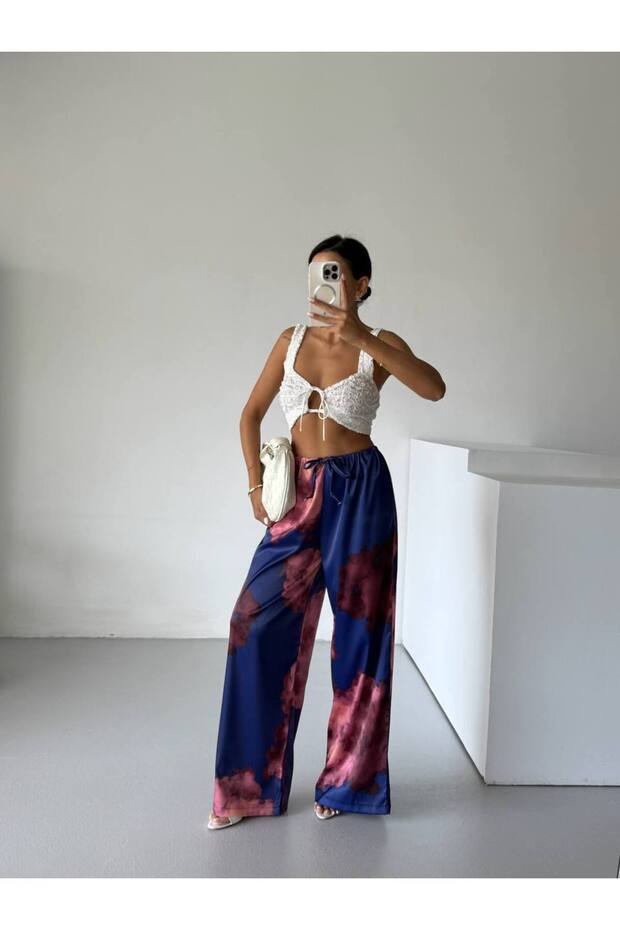 New Season Wide Leg Elastic Waist Patterned Satin Trousers 52201034