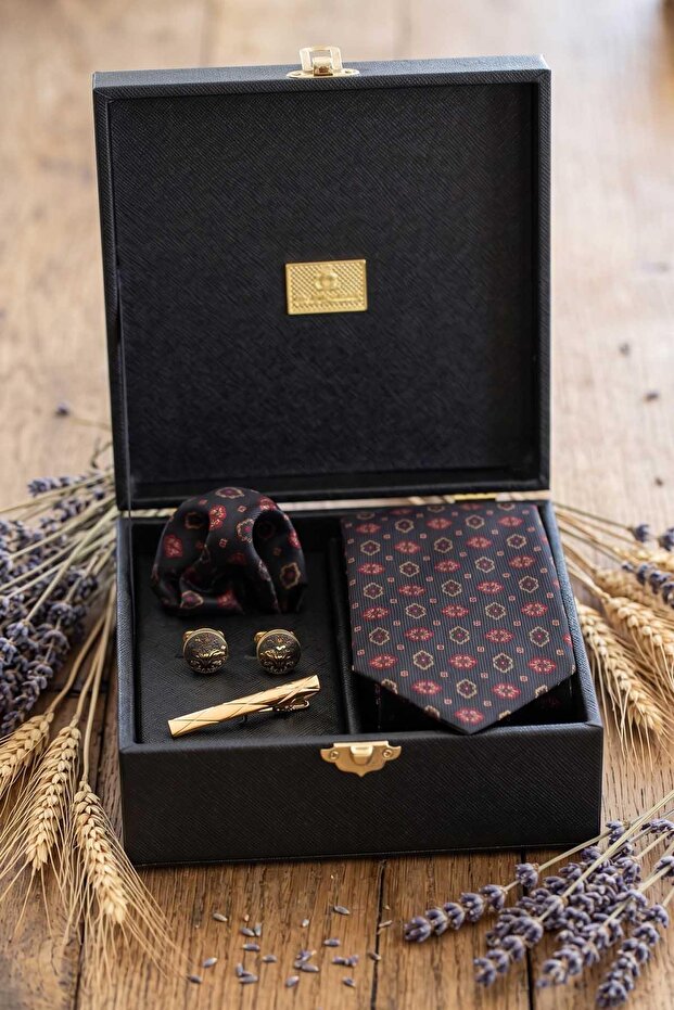 Black Men's Gift Box - Tie, Handkerchief, Cufflinks, Tie Clip Set Kmk181
