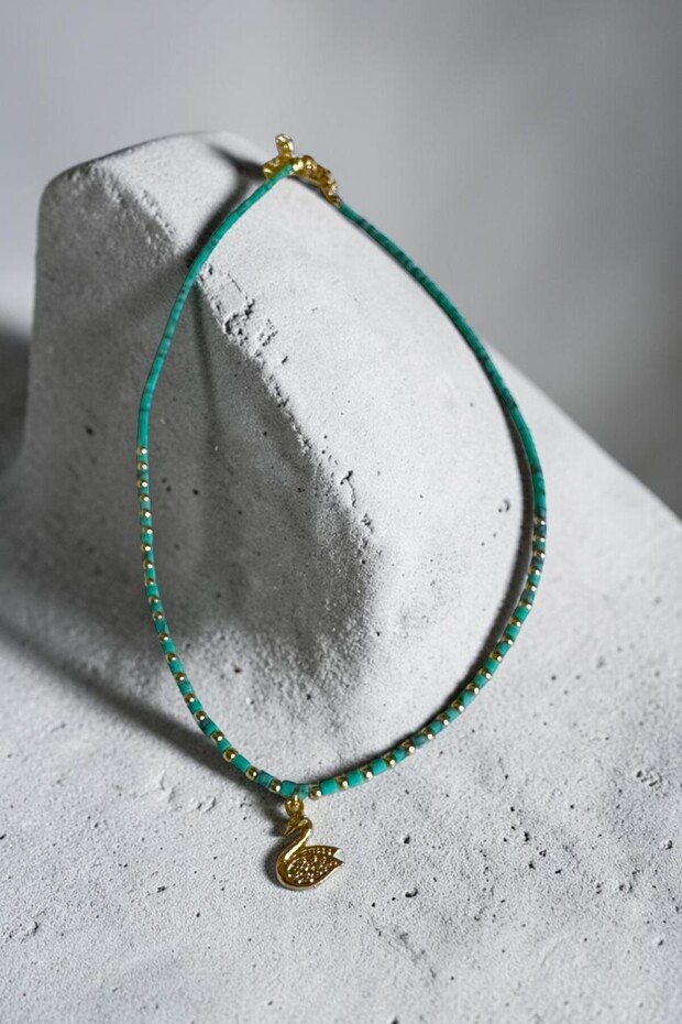 Swan Turquoise Beaded Gold Detailed Necklace Beaded Women's Necklace Swan Necklace Summer Necklace