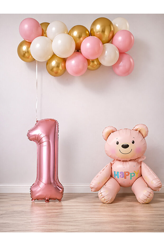 1 Year Old Pink Teddy Bear Themed Birthday Balloon Set for Girl