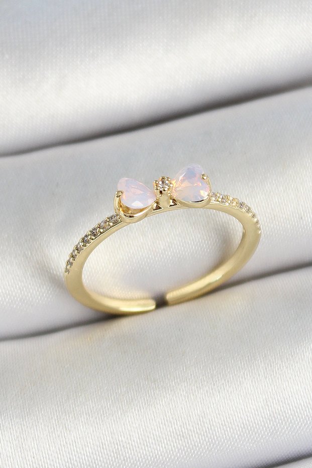 Gold Color Adjustable Women's Ring with Brass Bow Figure and Zircon Stone