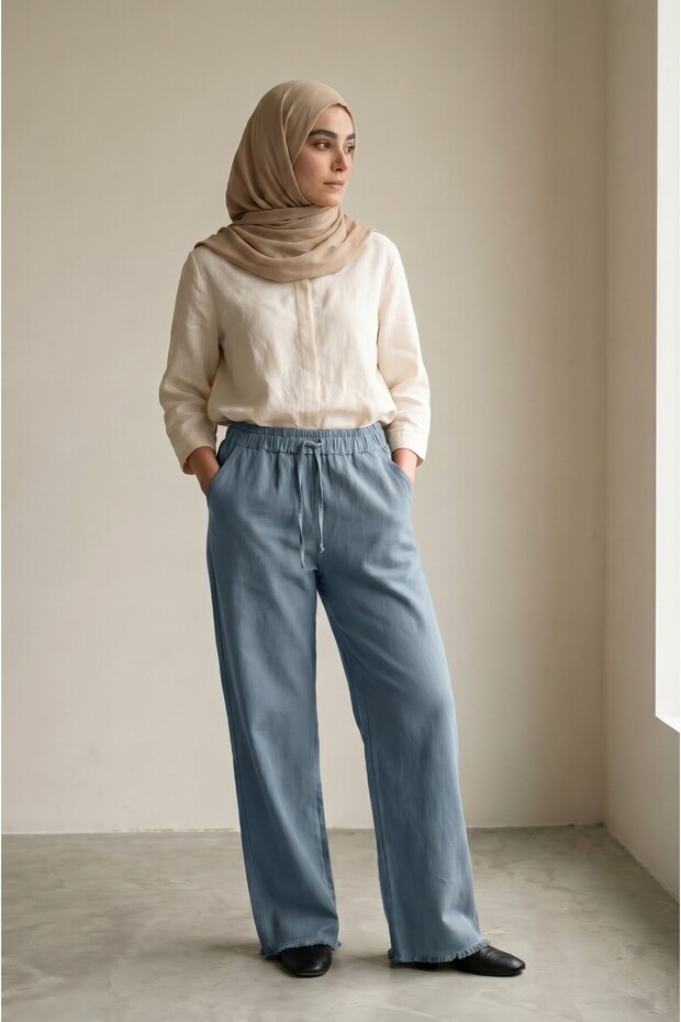 Women's Gabardine Wide-Leg Trousers with Tassels and Elastic Waist