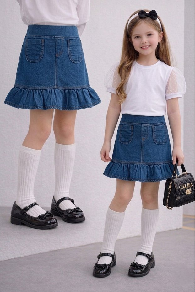 Girl's White Tulle Sleeve Blouse and Ruffled Denim Skirt Stylish Casual Combination | 2-Piece Set for Holidays