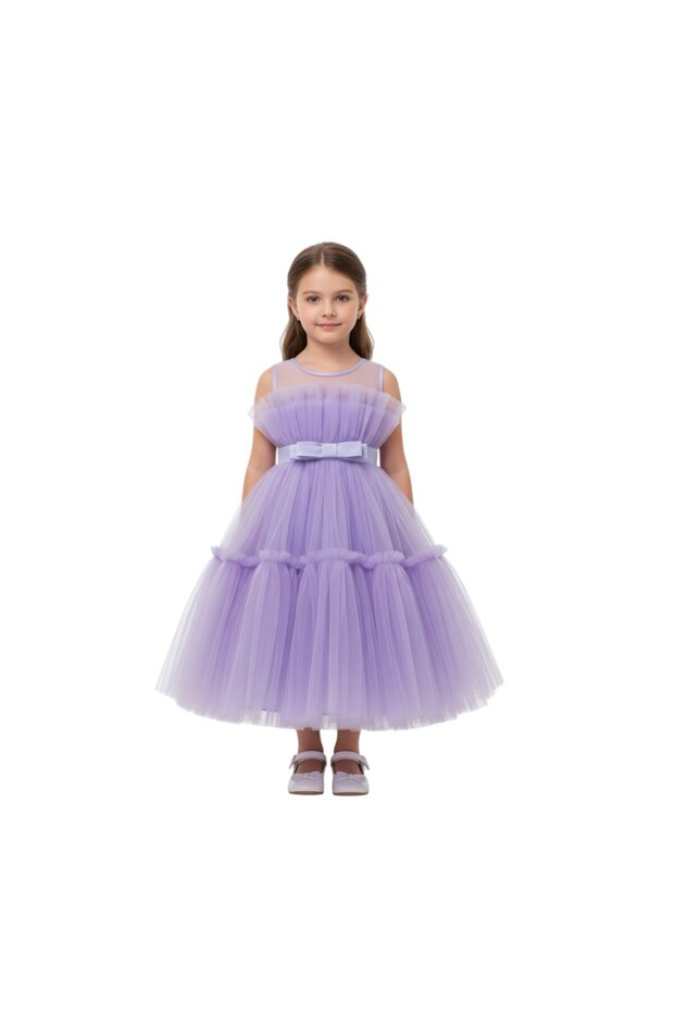 D' Daniela - Toddler Girls Bow Front Ruffle Hem Mesh Dress - Lavander - 1Y to 13Y