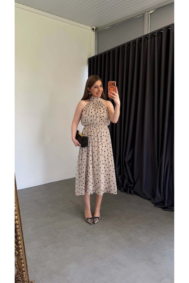 Halter Neck Polka Dot Dress Beige