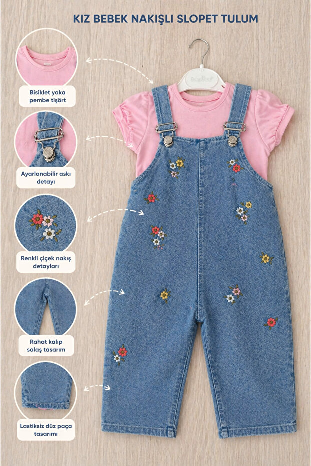 Baç- Girl's Floral Patterned Denim Salopet Set / T-Shirt-Salopet 2-Piece Set
