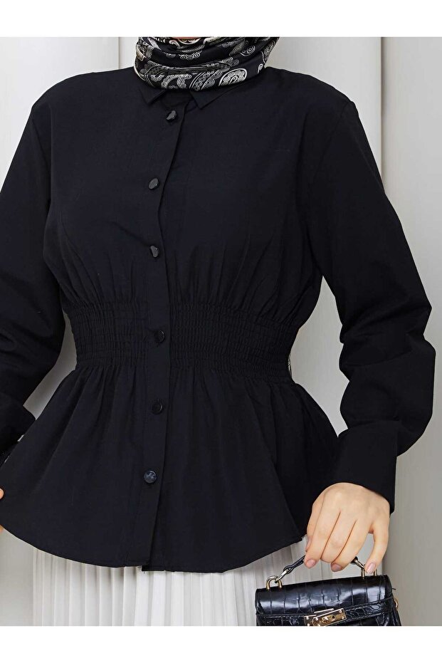 Women's Shirt - Buttoned Elastic Gathered Waist Fitted Shirt