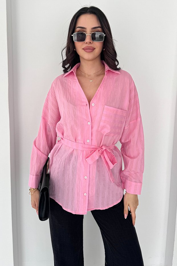 Women's Belted Shirt – Stylish Long Sleeve Shirt with Pockets and Relaxed Fit