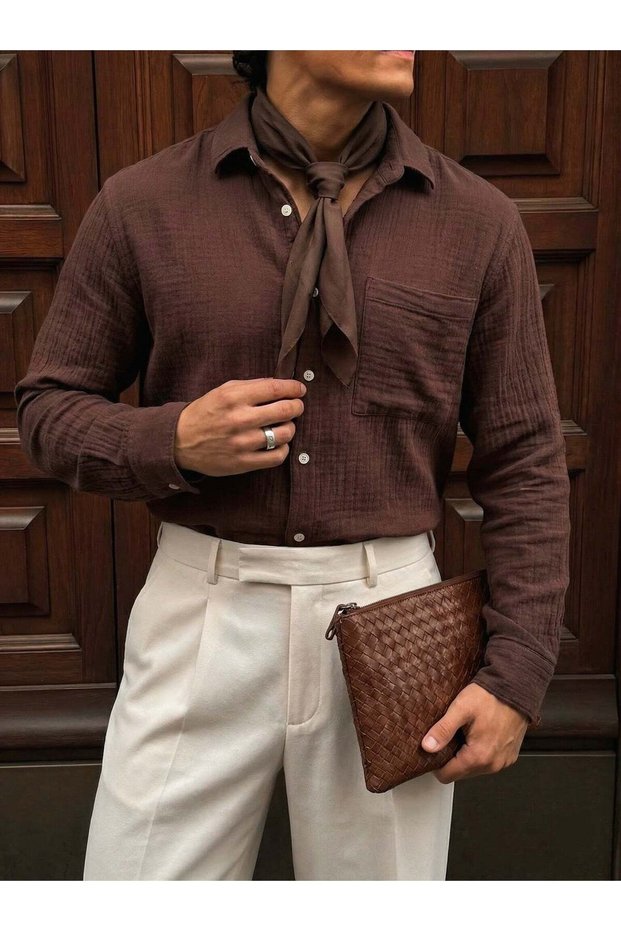 Men's Muslin Shirt 100% Cotton Hakim Italian Collar Buttoned Long Sleeve Loose Fit Shirt Relaxed Fit Summer Shirt