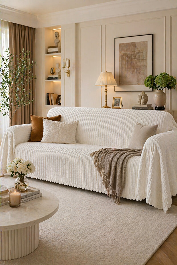 Premium Striped Off-White Sofa Cover – Non-Slip, Stylish and Modern Design