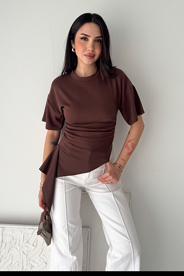 Women's Draped Basic T-Shirt – Side Detailed Slim Fit Stylish