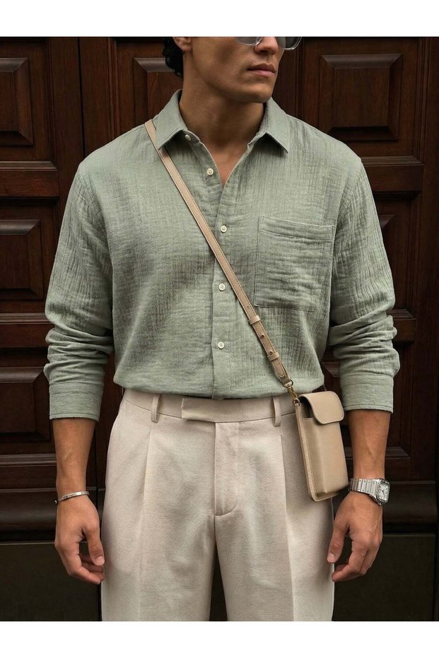 Men's Muslin Shirt 100% Cotton Hakim Italian Collar Buttoned Long Sleeve Loose Fit Shirt Relaxed Fit Summer Shirt