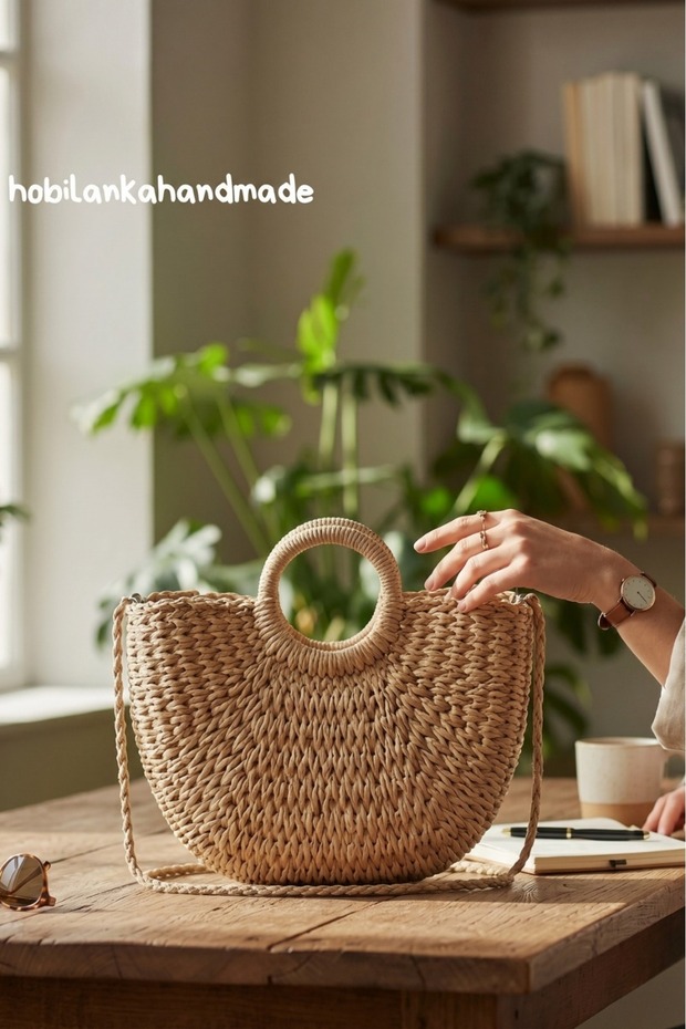 حقيبة هوبيلانكا المصنوعة يدويًا من القش على شكل نصف قمر