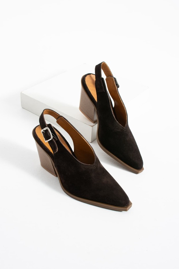Women's Brown Genuine Leather Suede Western Heeled Shoes Ronima